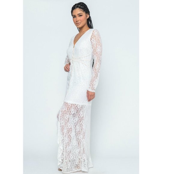 San Joy | Dresses | Nwt San Joy Front Slit Lace Maxi Mermaid Prom Dress ...